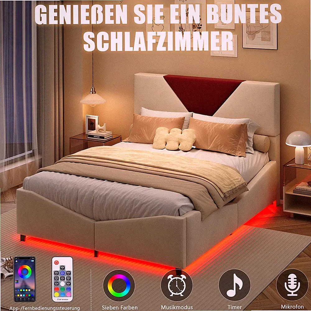 Boxspringbett Polsterbett 140 x 190 cm Bettgestell LED Doppelbett mit Lattenrost