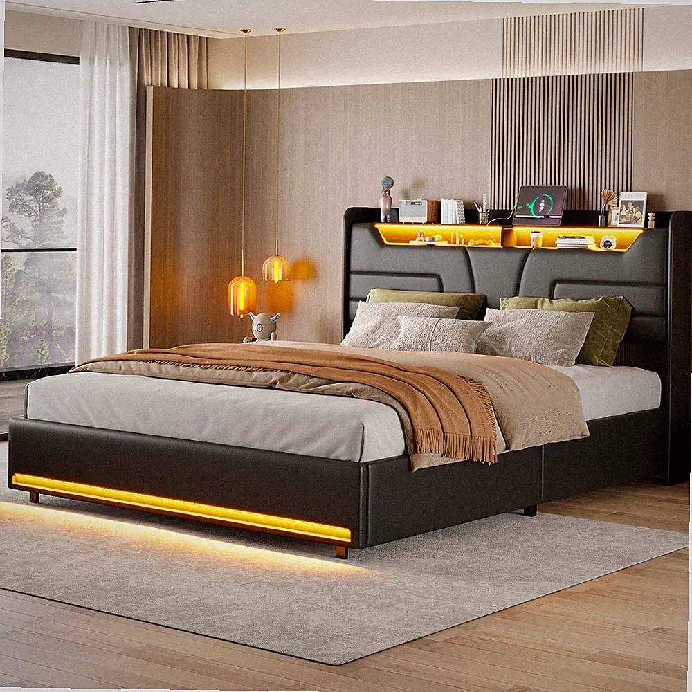 Boxspringbett Polsterbett 140x200 cm LED USB Stauraum Lattenrost Hydraulischbett
