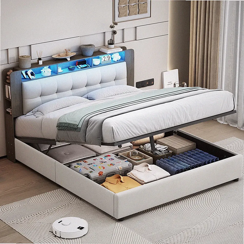 Boxspringbett Polsterbett 140x200 cm Mit LED Lattenrost Stauraum Doppelbett Samt