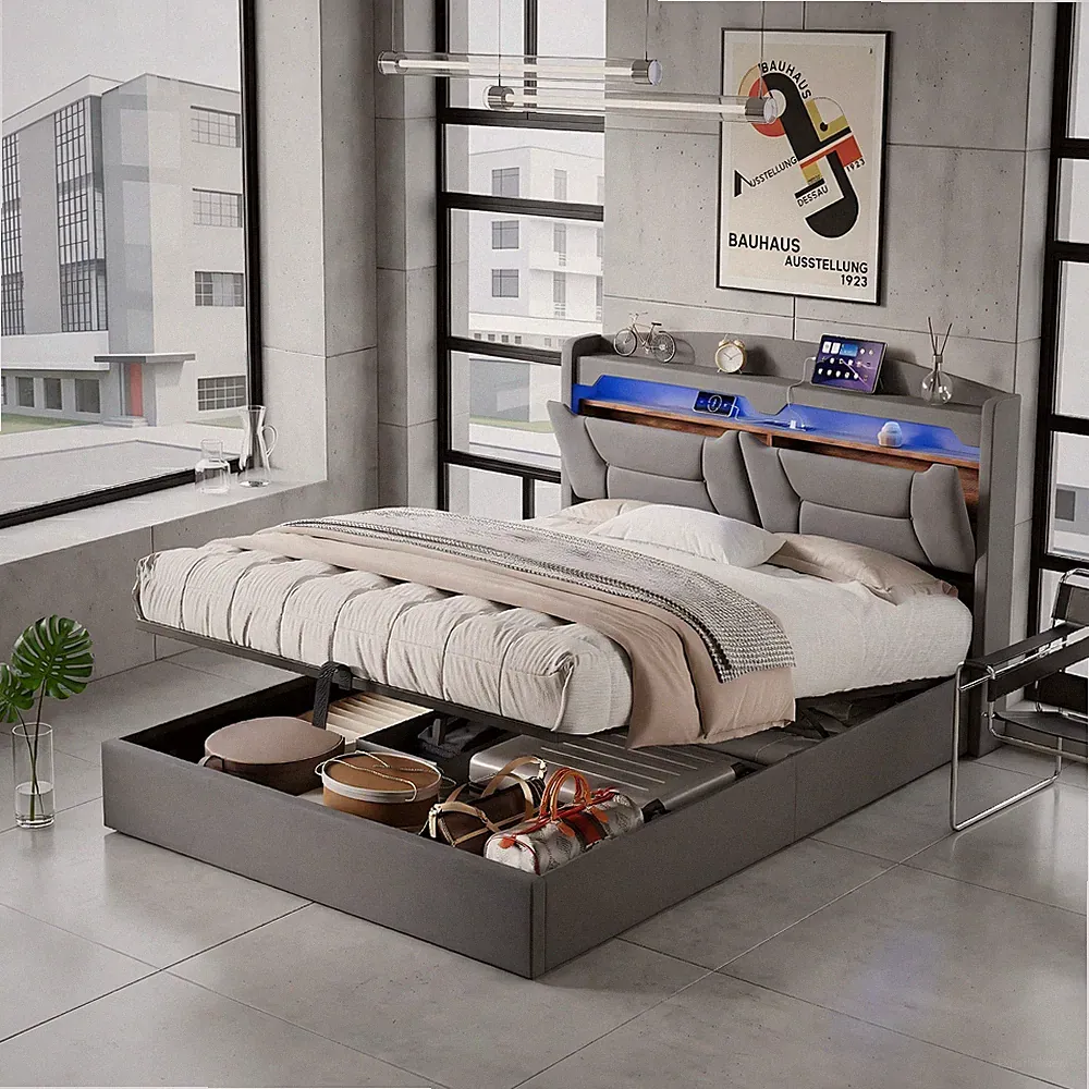Boxspringbett Polsterbett 140x200 cm mit LED/USB Stauraum Lattenrost Doppelbett