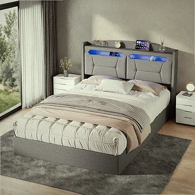 Boxspringbett Polsterbett 140x200 cm Stauraum：Bettgestell mit LED&USB Lattenrost