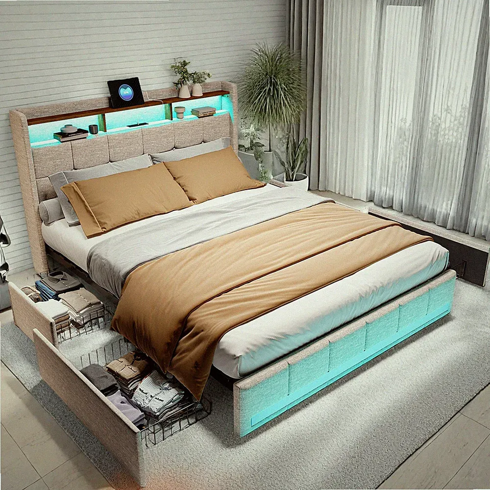 Boxspringbett Polsterbett 140x200cm Doppelbett：mit LED&USB 4 Schubladen Stauraum