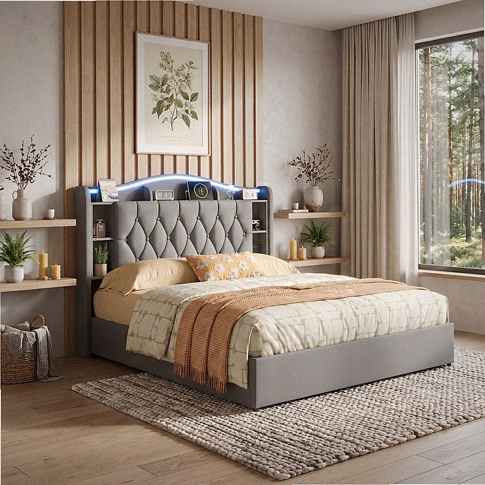 Boxspringbett Polsterbett 140x200cm LED Doppelbett mit Lattenrost Stauraum USB