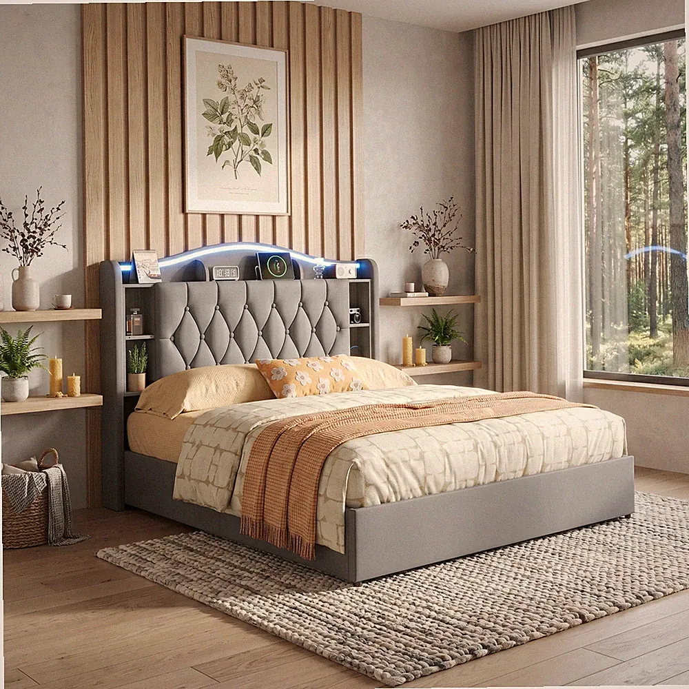 Boxspringbett Polsterbett 140x200cm LED Doppelbett mit Lattenrost Stauraum USB