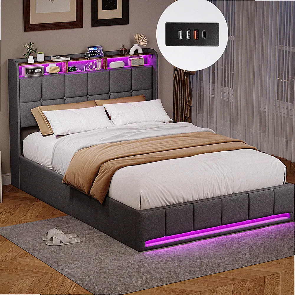 Boxspringbett Polsterbett 140x200cm mit USB / LED Stauraum Lattenrost Doppelbett