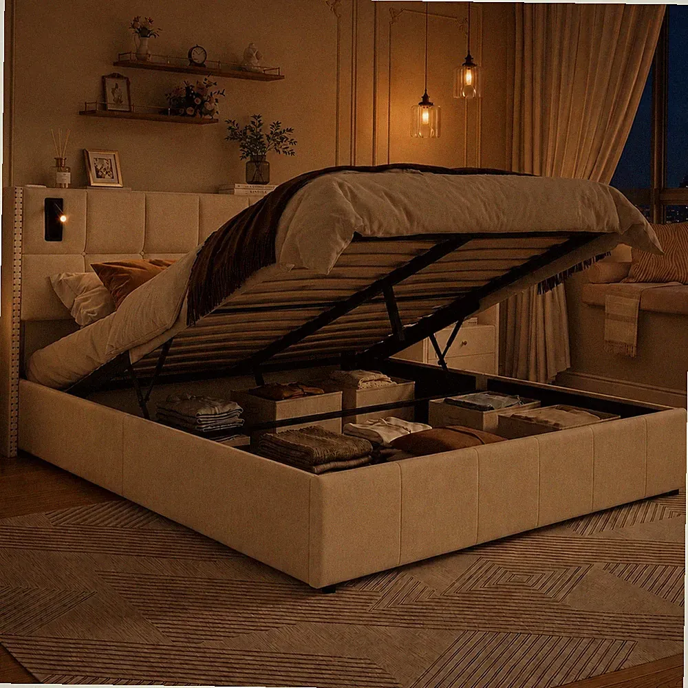 Boxspringbett Polsterbett 140x200LED Lattenrost Stauraum Bettgestell Doppelbett.