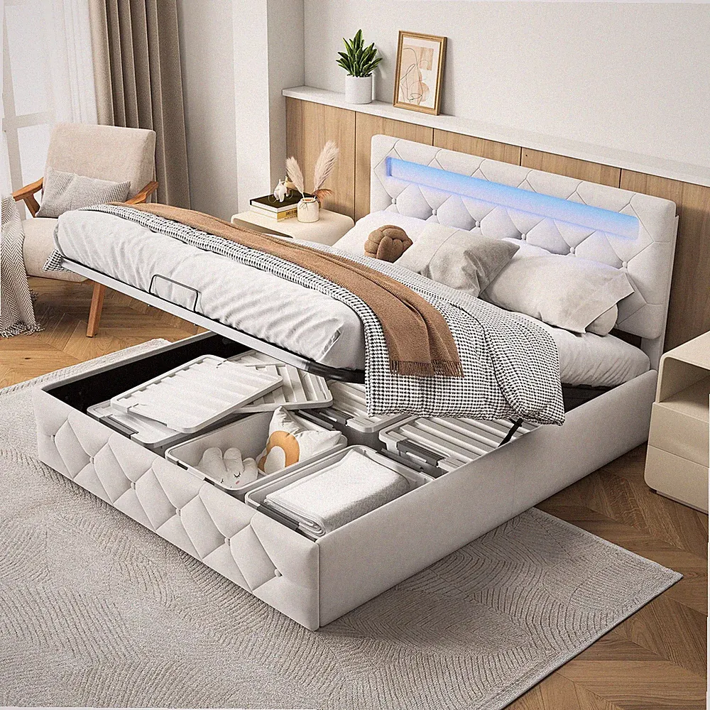 Boxspringbett Polsterbett 160/140x200 cm Mit LED Lattenrost,Doppel Stauraumbett