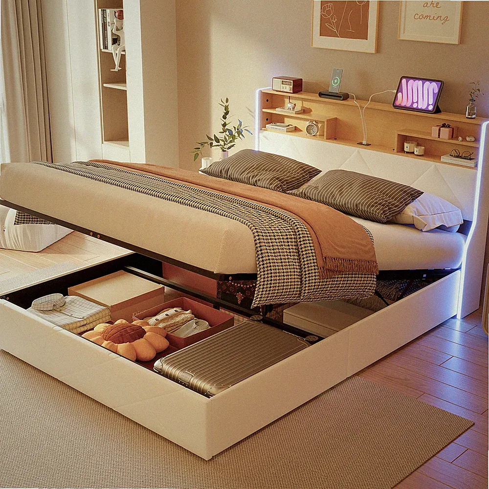 Boxspringbett Polsterbett 160x200 cm Stauraumbett mit LED Lattenrost Doppelbett