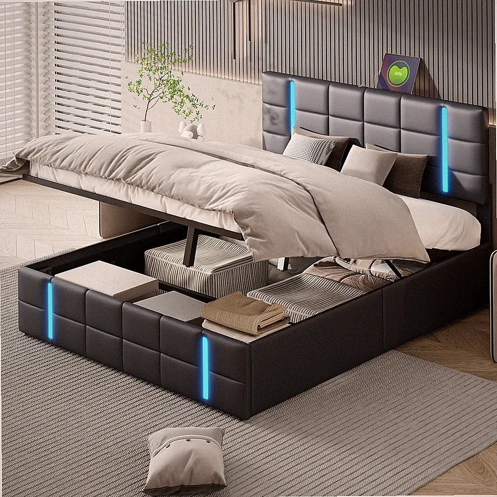 Boxspringbett Polsterbett 160x200cm,LED Doppelbett mit USB-Port& mit Stauraum,PU