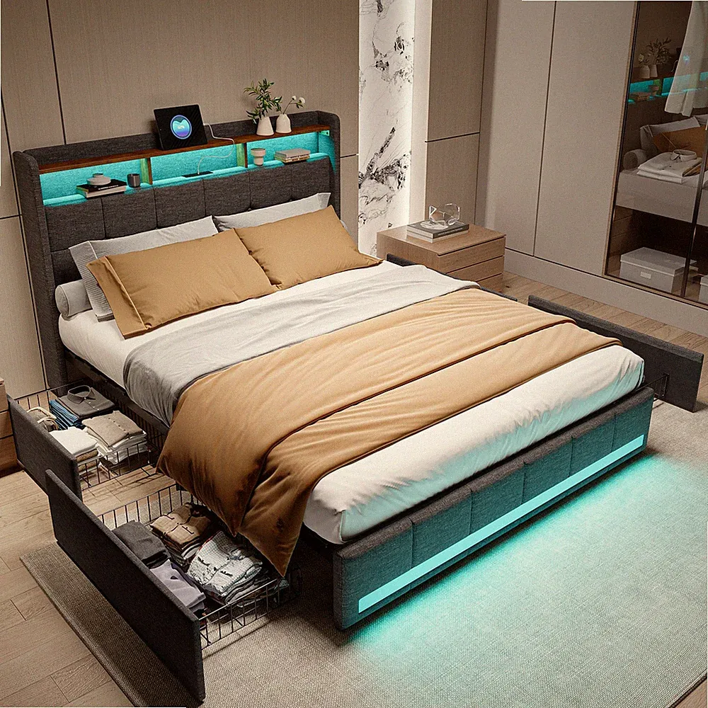 Boxspringbett Polsterbett mit Stauraum 4 Schubladen LED&USB Doppelbett 140x200cm