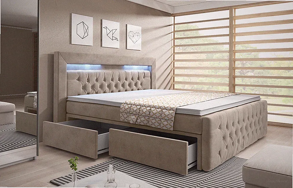 Boxspringbett "Princesse Beige" mit LED 2 Schubladen Topper Bonell Matratze Samt