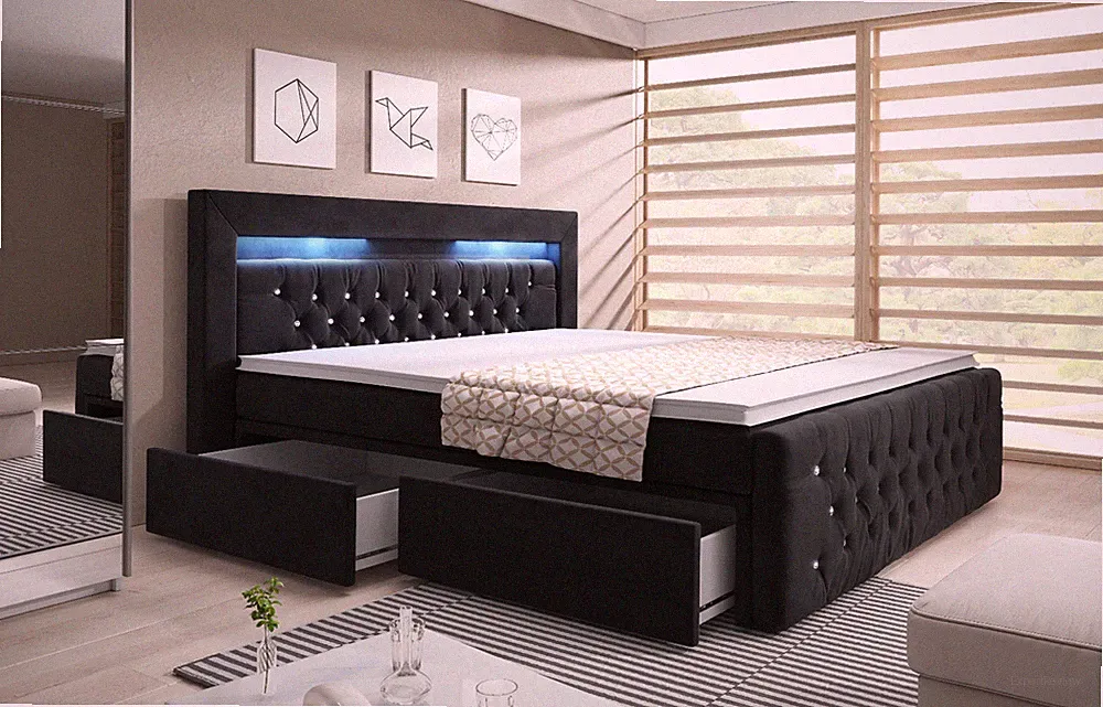 BOXSPRINGBETT „PRINCESSE SCHWARZ“ mit LED 2 SCHUBLADEN TOPPER BONELL MATRATZE