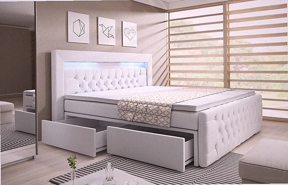 BOXSPRINGBETT „PRINCESSE WEISS“ mit LED 2 SCHUBLADEN TOPPER BONELL MATRATZE