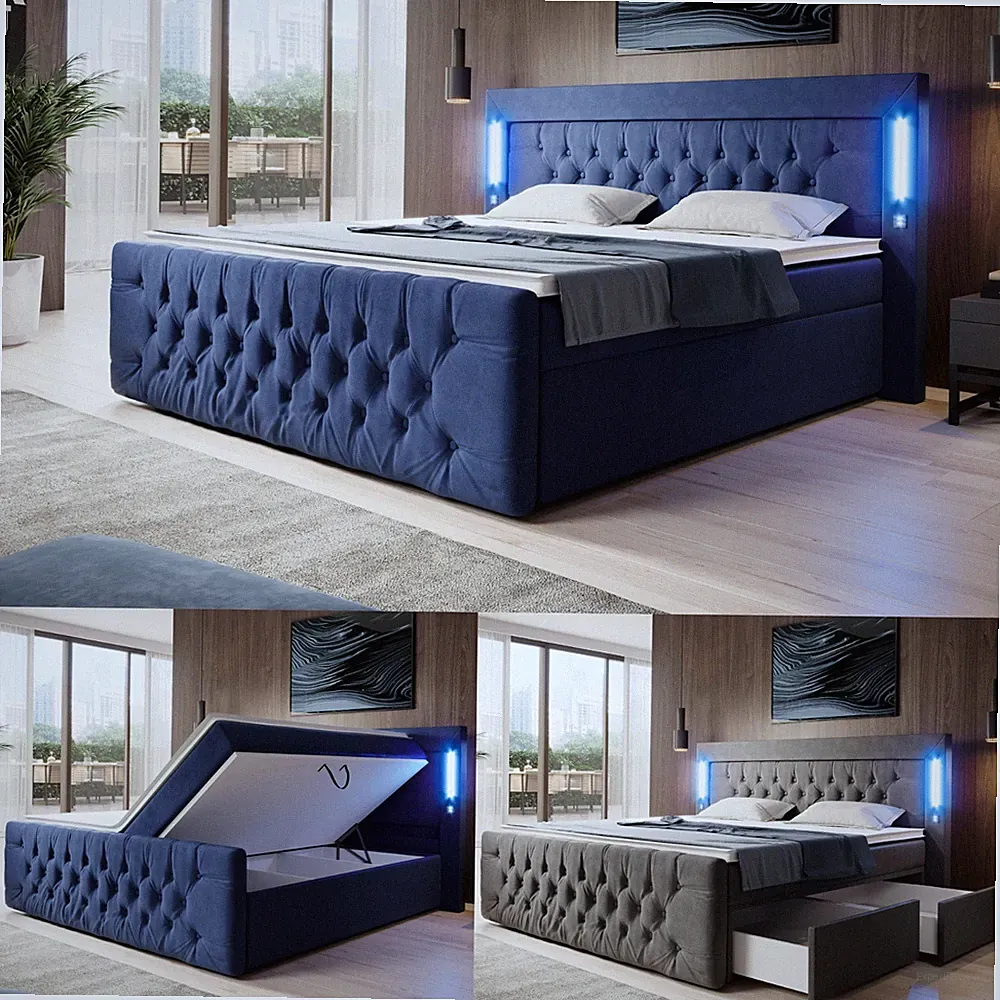 Boxspringbett Royal mit USB-Ladebüchse, LED-Licht und Stauraum