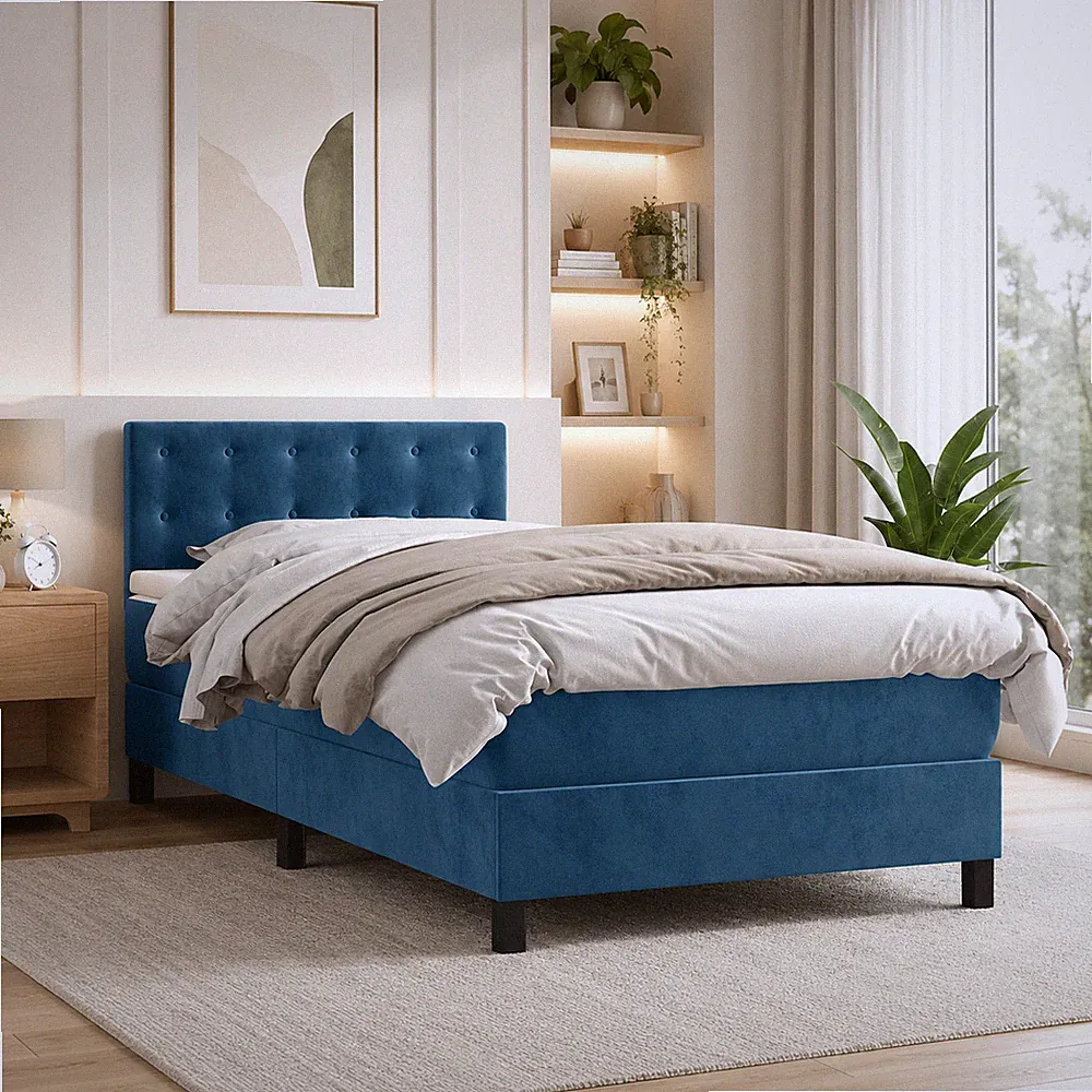 Boxspringbett Samt Bett mit Matratze Polsterbett Dunkelblau | 90 x 190 cm