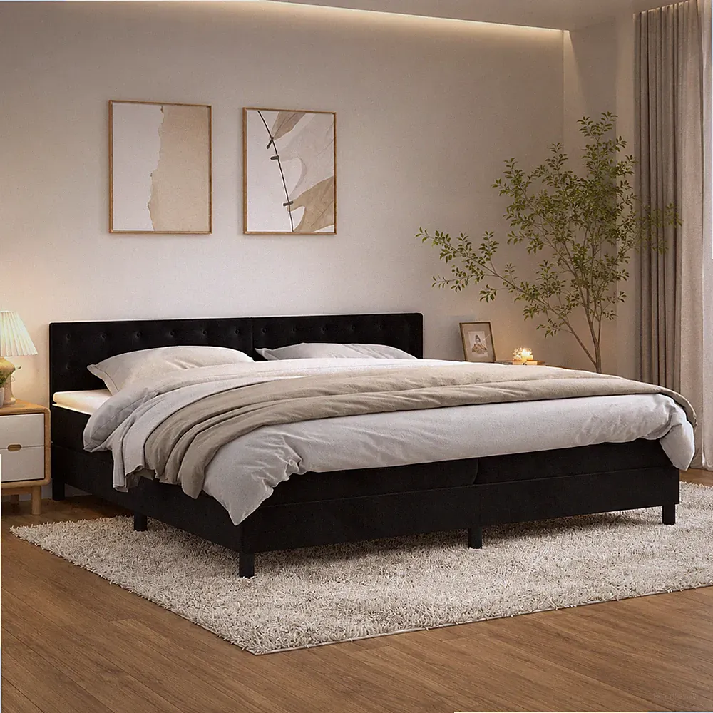 Boxspringbett Samt Bett mit Matratze Polsterbett Schwarz | 200 x 200 cm