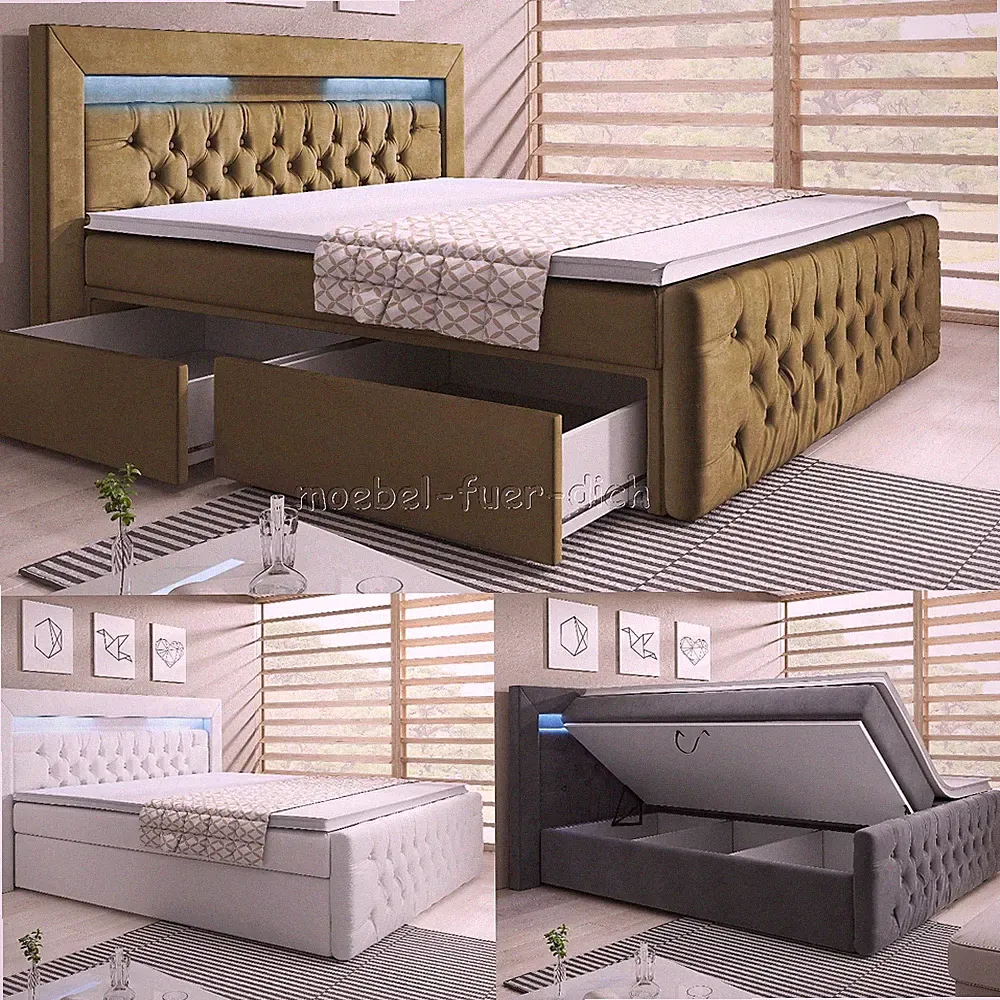 Boxspringbett Verona mit zwei Bettkästen, Chesterfield Polsterung und LED