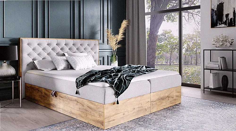 Boxspringbett WOOD III Hotelbett Mit zwei Bettkasten Kontinentales Bett Eiche