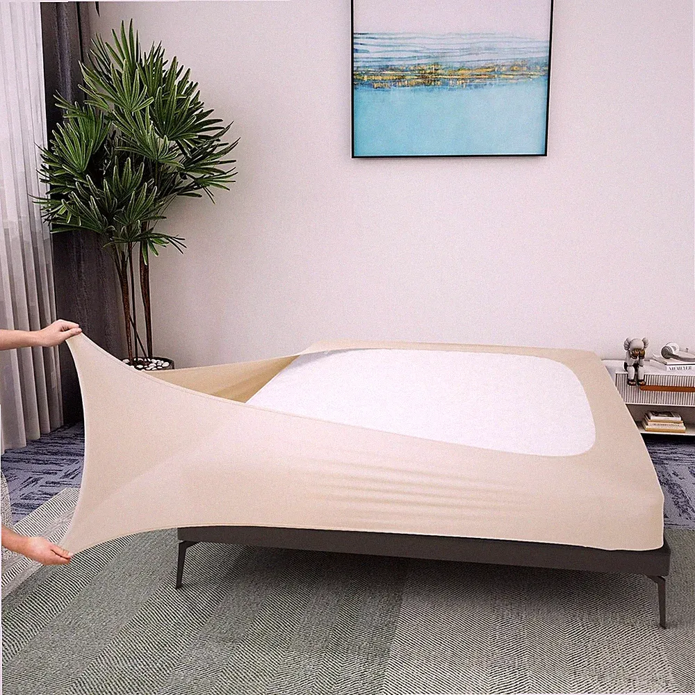 Boxspringbettbezug King/Groß Elastisch Stoff Umwickeln 4 Seiten Bett Rock Beige Neu