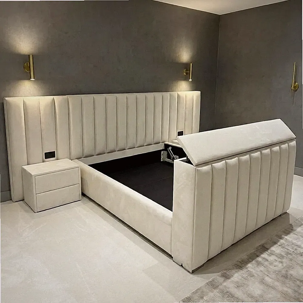 Breitwand TV-Bett in Plüsch Samt Single Double & King Size mit Steckdosenausschnitten