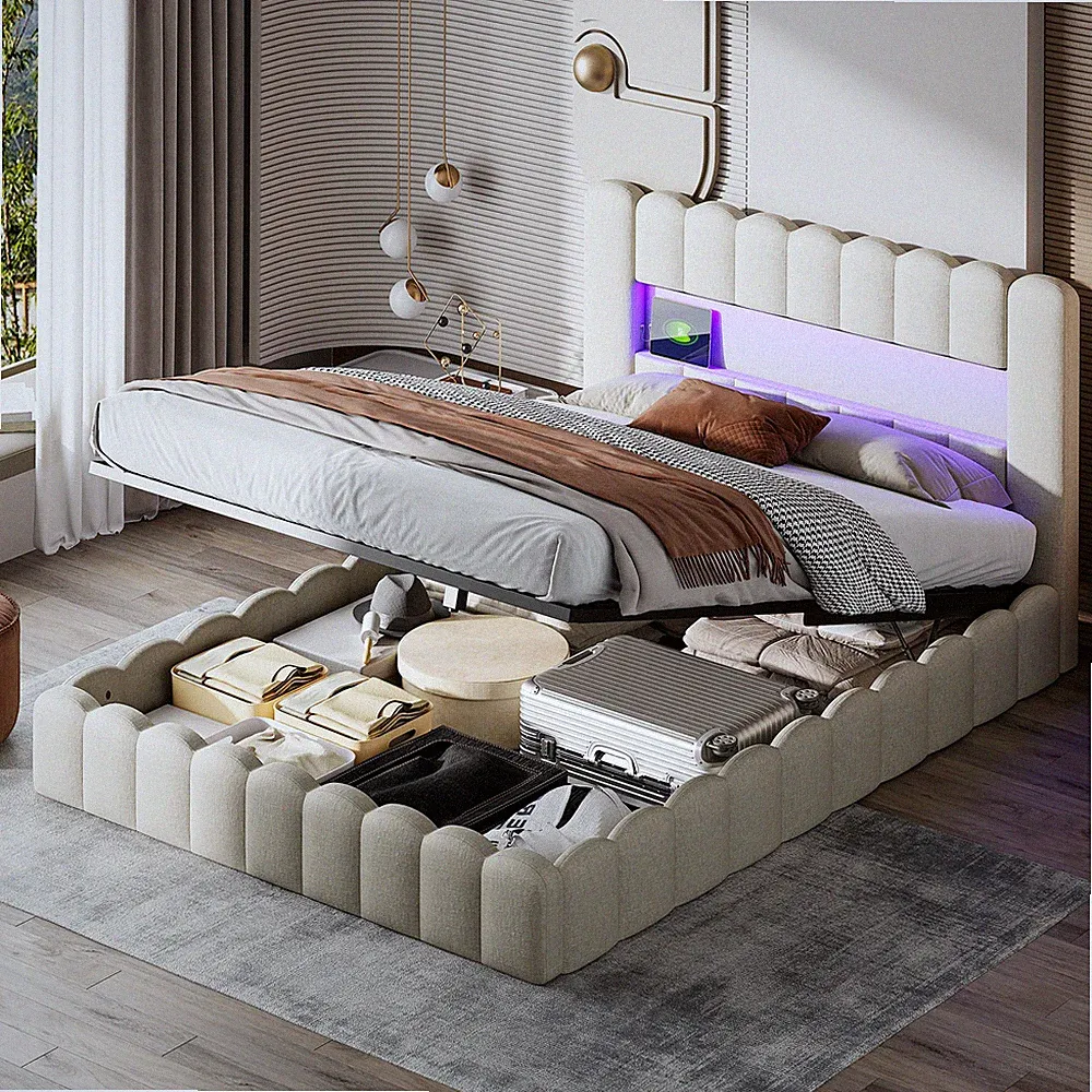 Bubble Bett 180x200 cm Beige Boucle mit Stauraum Kopfteil Lattenrost ohne Füße