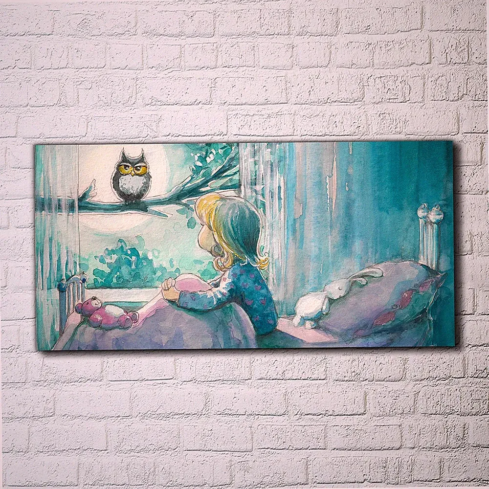 Canvas Wandbild Leinwand Bilder 100x50 Mädchen im Bett sieht die Eule an