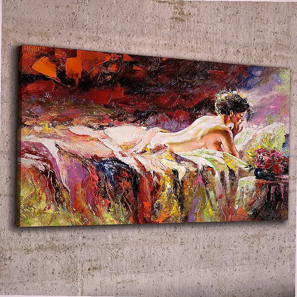 Canvas Wandbild Leinwand Bilder 100x50 Ölgemälde Bett nackte Frauen Blumen