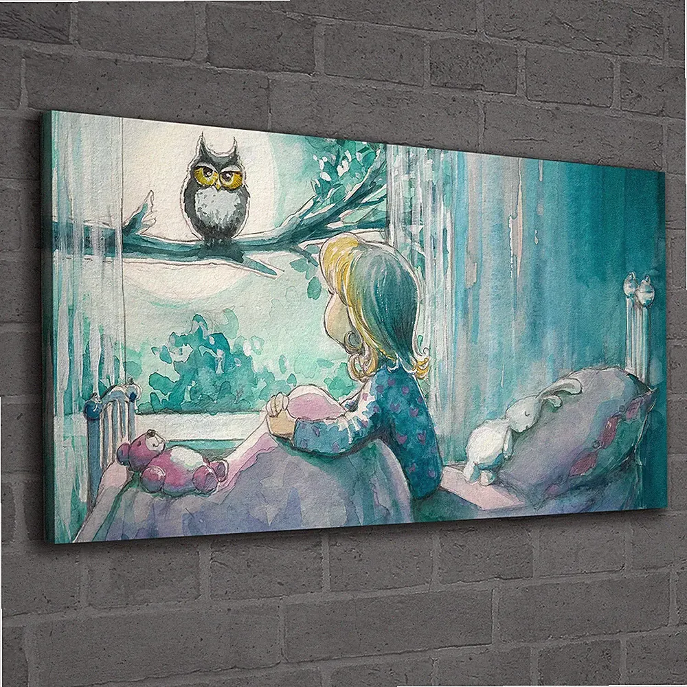 Canvas Wandbild Leinwand Bilder 120x60 Mädchen im Bett sieht die Eule an