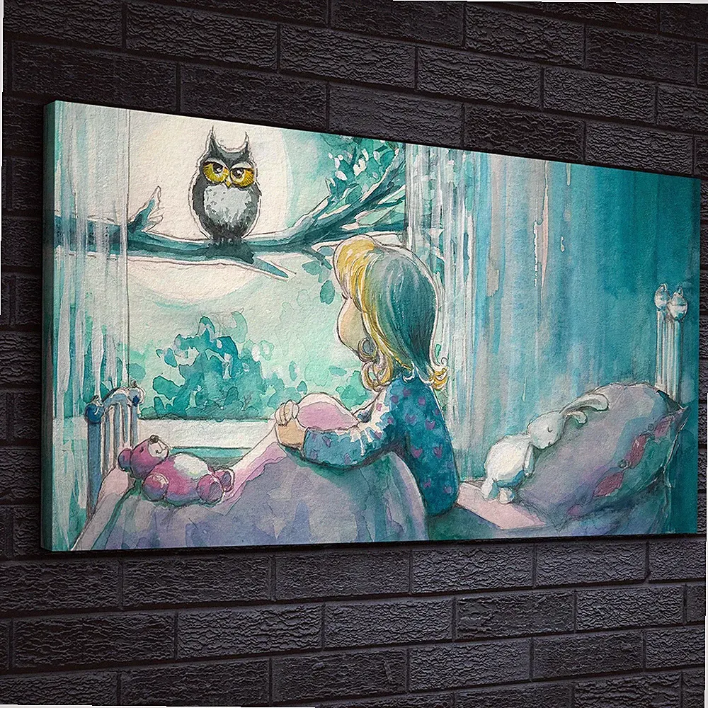 Canvas Wandbild Leinwand Bilder 140x70 Mädchen im Bett sieht die Eule an