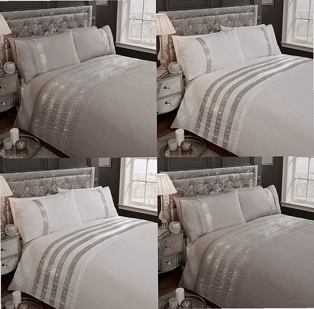 Carly Luxus Glam Diamante Bettdecke Quilt Cover Set Bettwäsche Weiß Silber/Grau