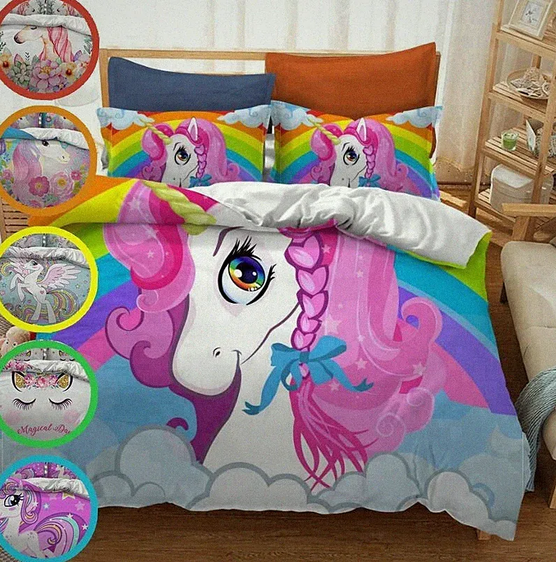 Cartoon Einhorn Bett Quilt Cover Mädchen Bettwäsche Set Einzel Doppel größe