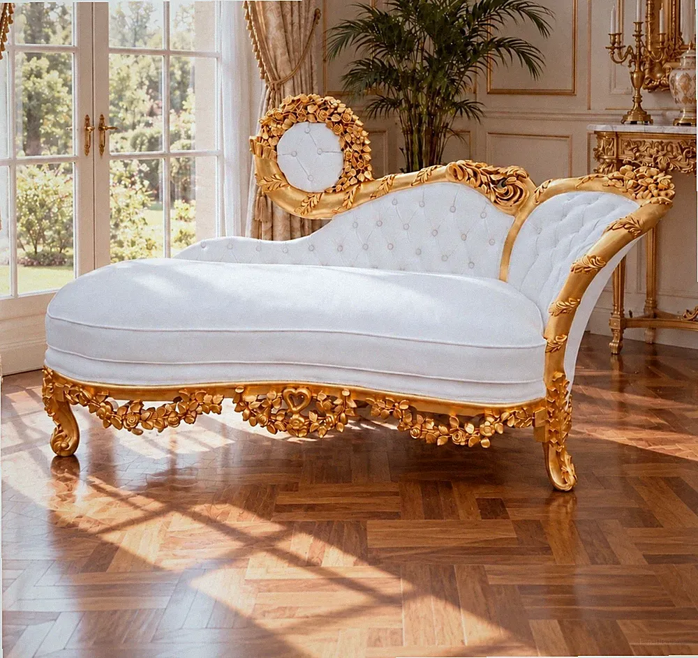 Chaiselongue Tagesbett Französisch Louis XVI Blattgold Buche Weiß Leder...