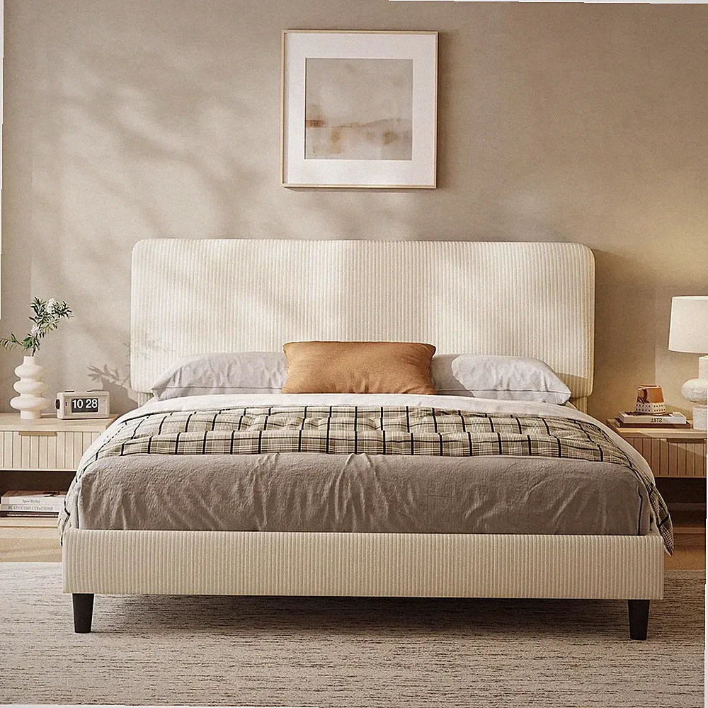 Chenille Polsterbett Doppelbettgestell 135×190cm Beige Stoffbett | Verstellbar He
