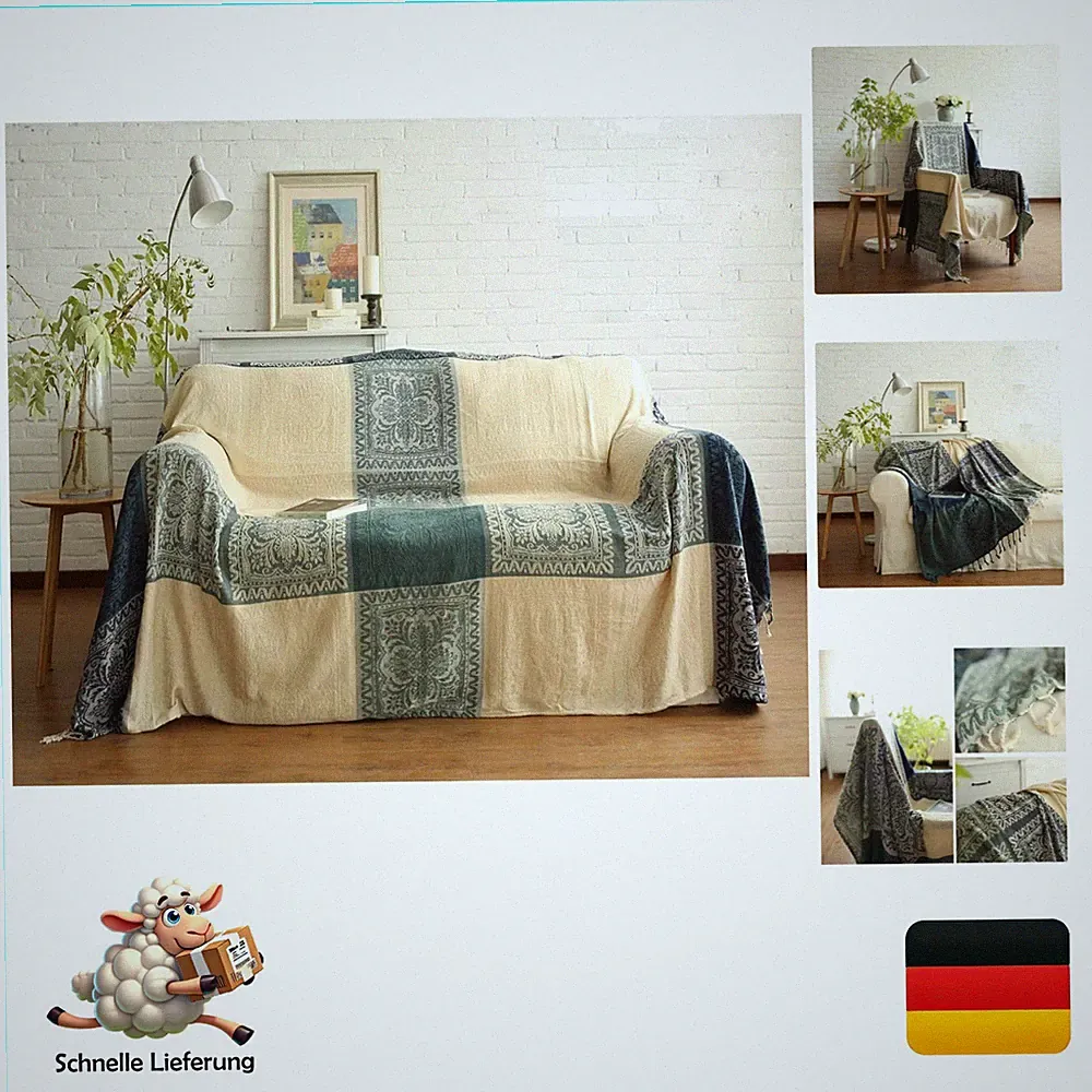 Chenille Überwurf Decke Jacquard Tribal Muster Beige 220x250cm Sofa Bett Stuh...