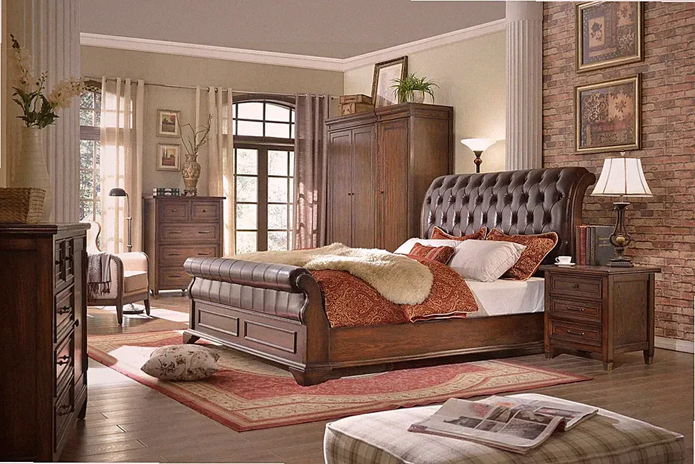 Chesterfield Bett Leder Polster Doppel Betten Designer Bett 180 x 200cm Barock