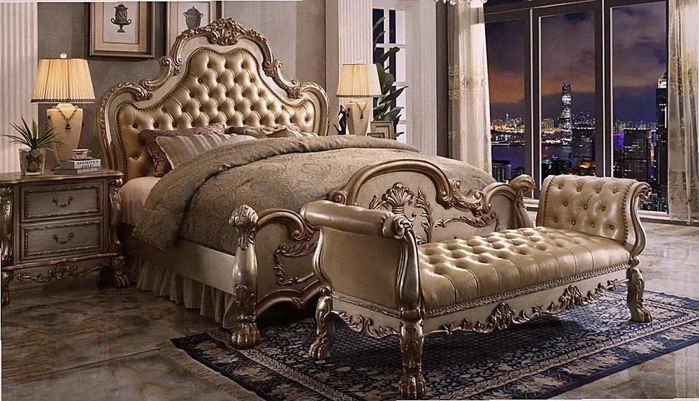 Chesterfield Leder Luxus Betten Bett 2x Nachttische Hocker Doppelbett 4tlg.Set