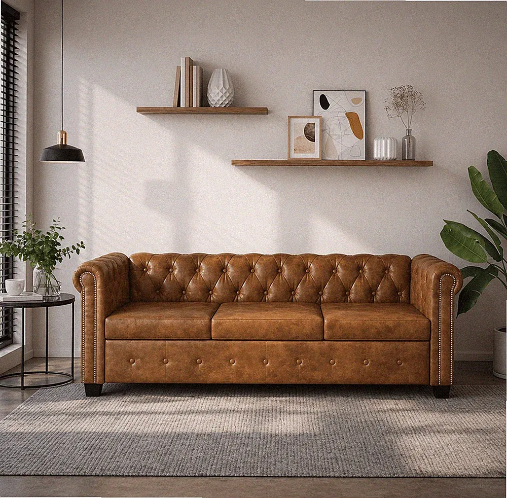 Chesterfield Sofa 3 Sitzer Kunstleder Braun Couch Polstersofa Vintage