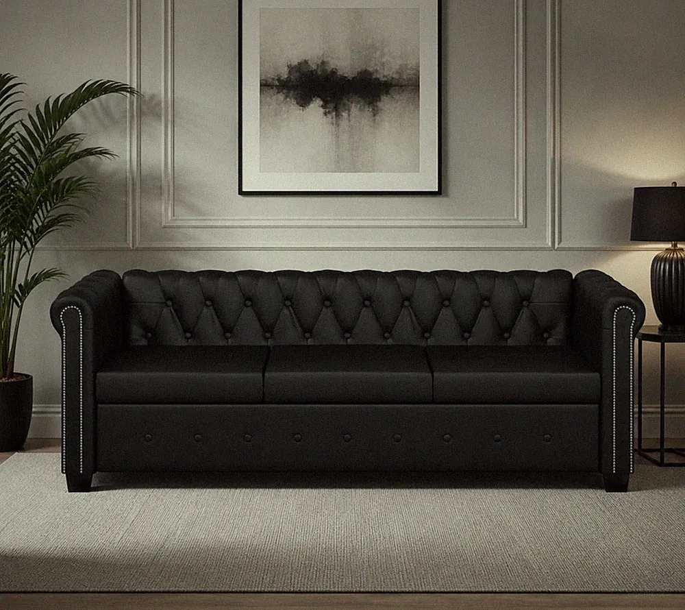 Chesterfield Sofa 3 Sitzer Kunstleder Schwarz Couch Polstersofa Vintage