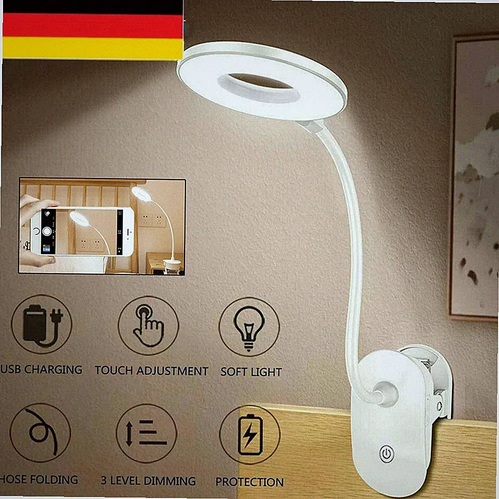 DE USB Dimmbar Leselampe Klemmleuchte LED Bettlampe Schreibtischleuchte Mit Clip