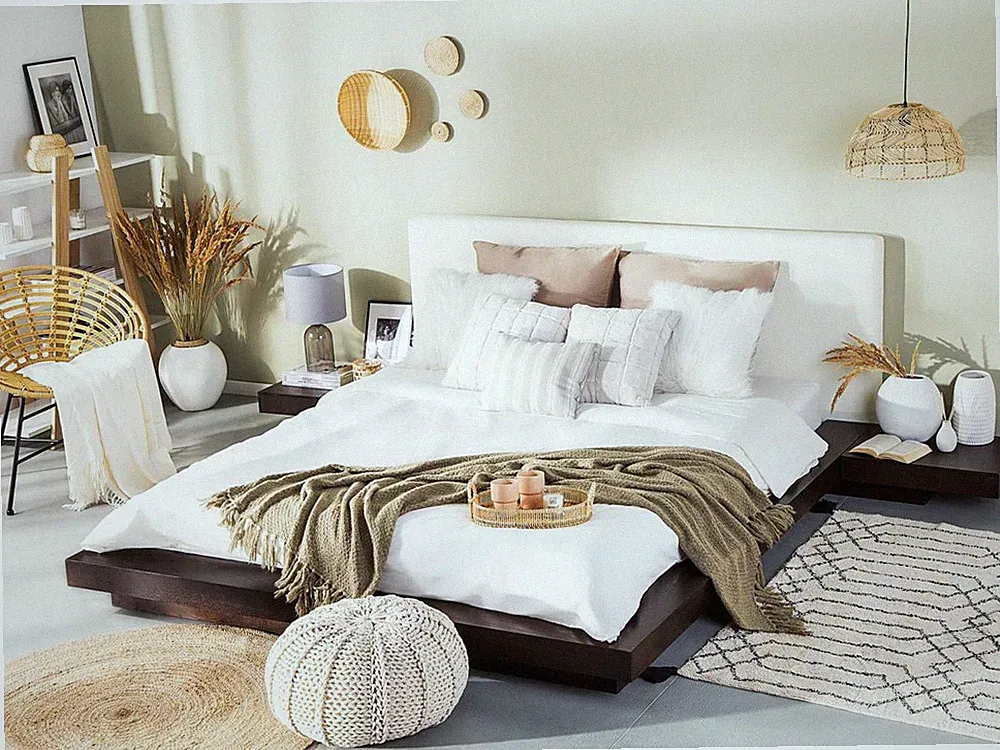 Designer Bett Japan Stil flaches massives Futonbett mit Lattenrost braun