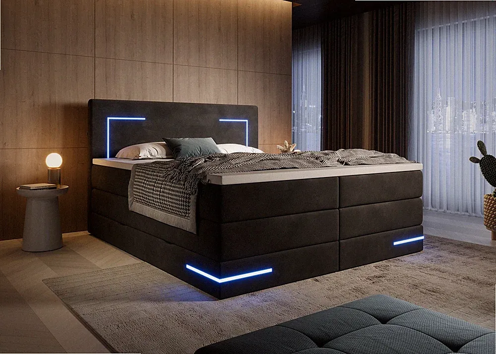 Detroit LED Boxsprinbett 160x200 180x200 200x200 cm mit Bettkasten Samt / Stoff