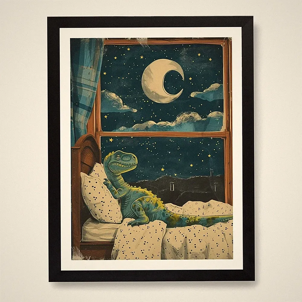 Dinosaurier im Bett Retro Collage 1 Kunst gerahmt Wandbild Poster Leinwanddruck Bild