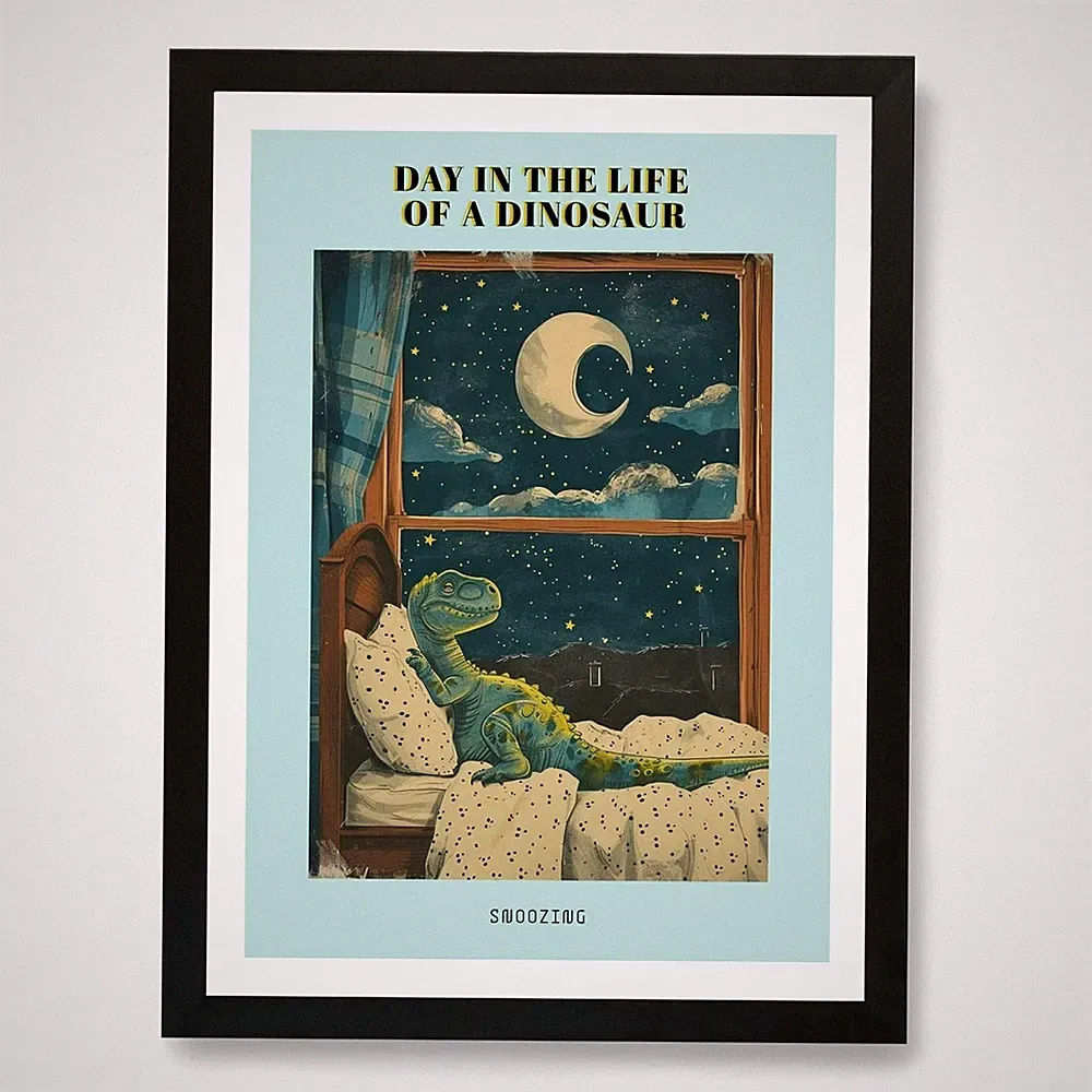 Dinosaurier im Bett Retro Collage 1 Pos gerahmtes Wandbild Poster Leinwanddruck Bild