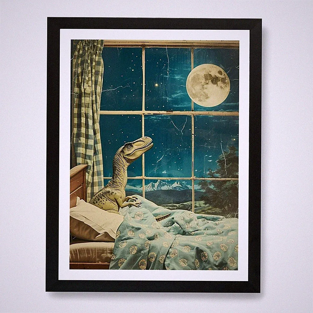 Dinosaurier im Bett Retro Collage 2 Kunst gerahmtes Wandbild Poster Leinwanddruck Bild