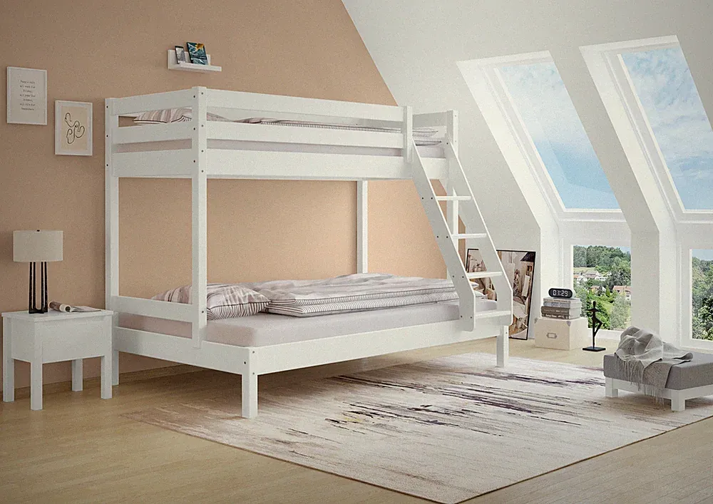 Doppel-Etagenbett 120x200 u. 80x200 Erwachsenen-Stockbett Kiefer Massivholz weiß
