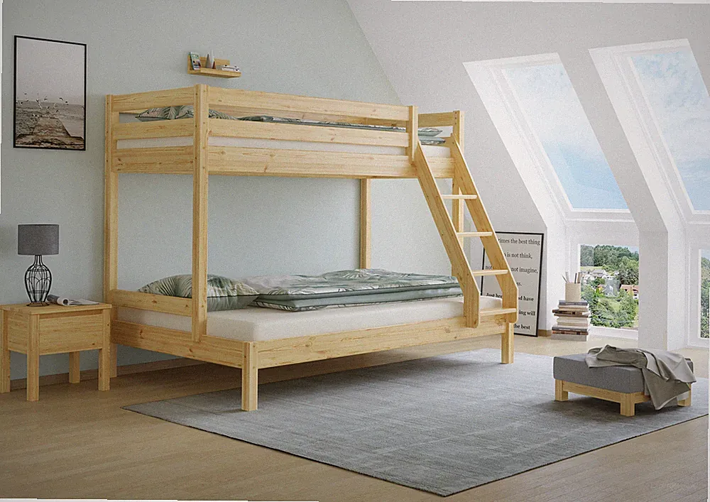 Doppel-Etagenbett 140x200 & 90x200 Erwachsenen-Stockbett Kiefer Massivholz natur
