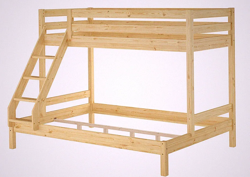 Doppel-Etagenbett 140x200 & 90x200 Erwachsenen-Stockbett Kiefer Massivholz natur