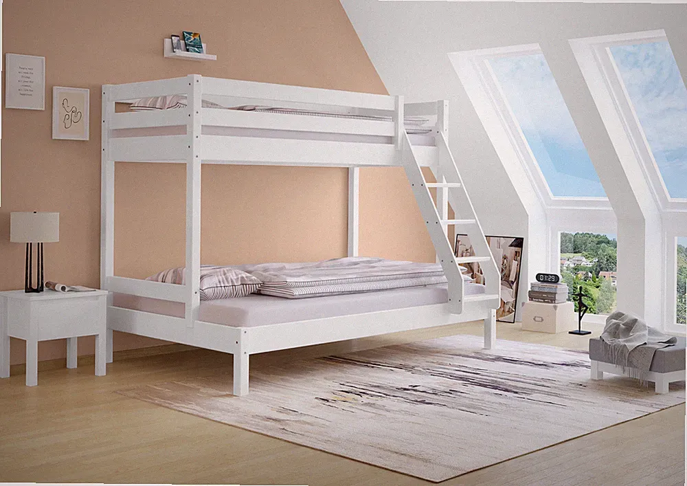 Doppel-Etagenbett 140x200 u. 90x200 Erwachsenen-Stockbett Kiefer Massivholz weiß