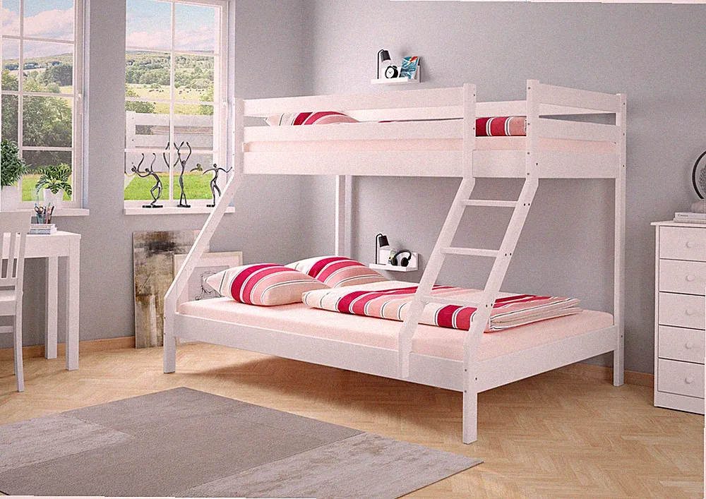 Doppel-Etagenbett weiß 140x200 & 90x200 Erwachsenen-Stockbett Kiefer Massivholz