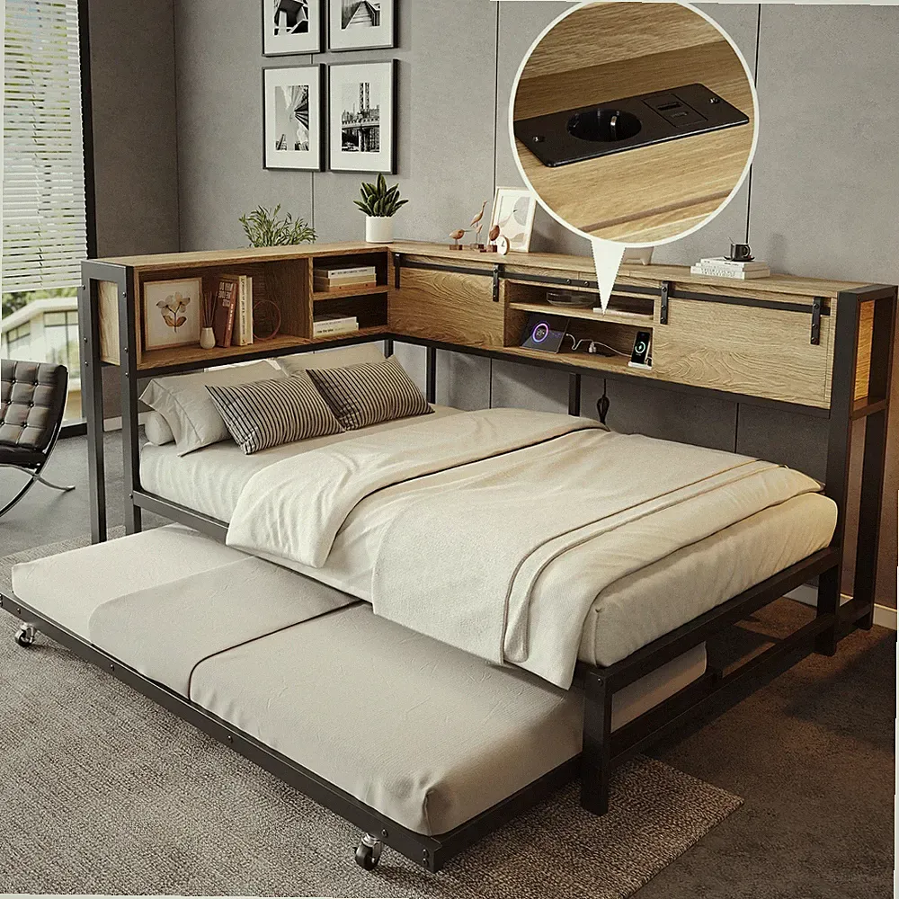 Doppelbett 120x200 cm mit Ausziehbett 90x190 cm Stauraum und Ladefunktion